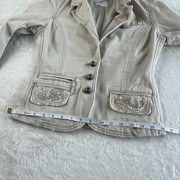 Aeropostale Cotton Embroidered Blazer Jacket Womens S Tan Cream 3 Button Pockets - Picture 7 of 13